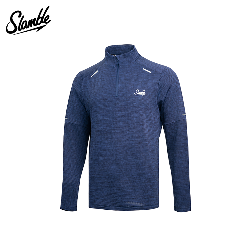 SLAMBLE男子跑步能量方格绒立领运动长袖反光条上衣骑行健身服
