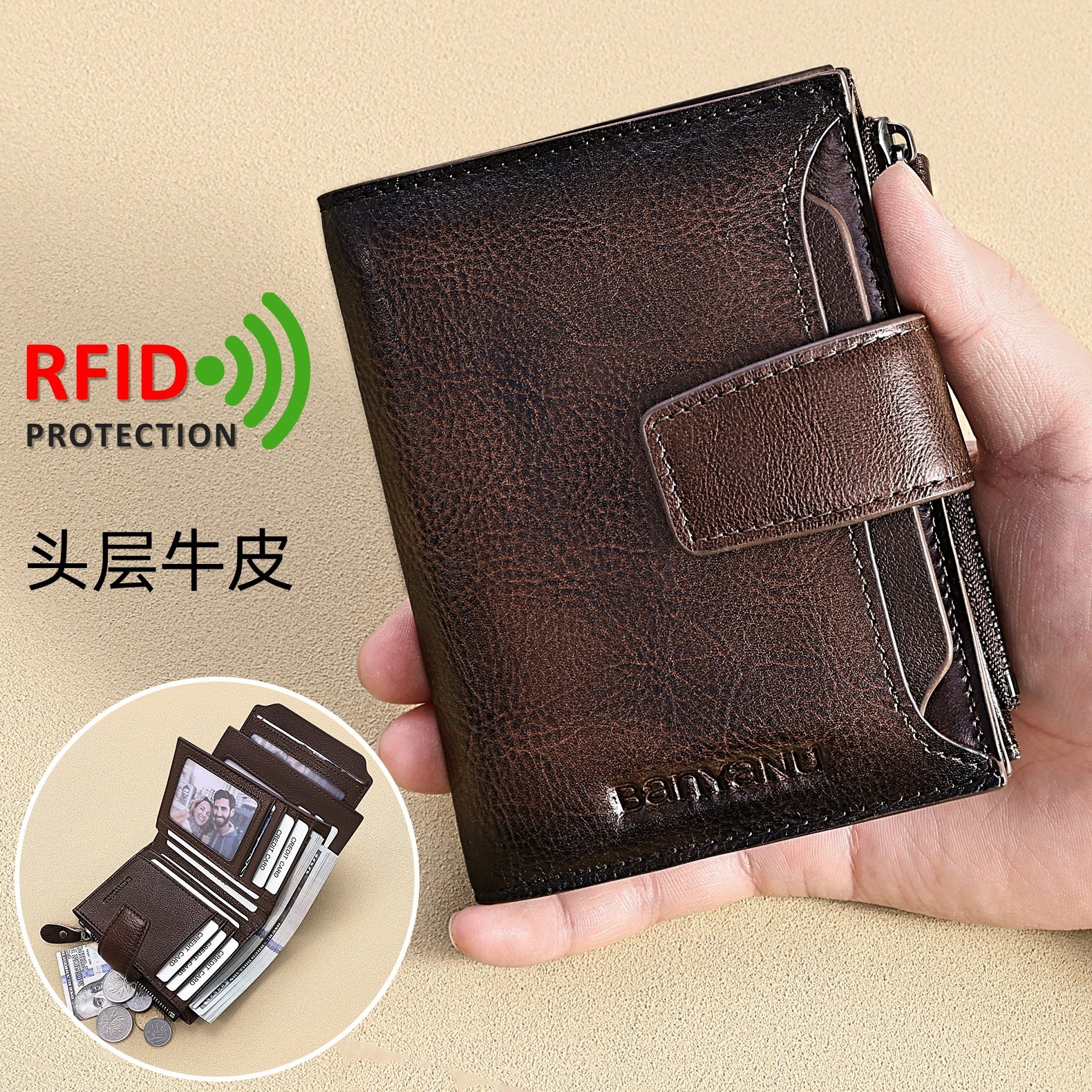 复古头层牛皮三折款2025男钱包竖款短款皮夹多功能简约驾驶证卡包,箱包皮具/热销女包/男包,钱包,淘宝优惠券,粉丝福利购,淘宝优惠卷