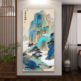 入户门玄关挂画千里江山图山水画古风国画竖版新中式客厅装饰壁画