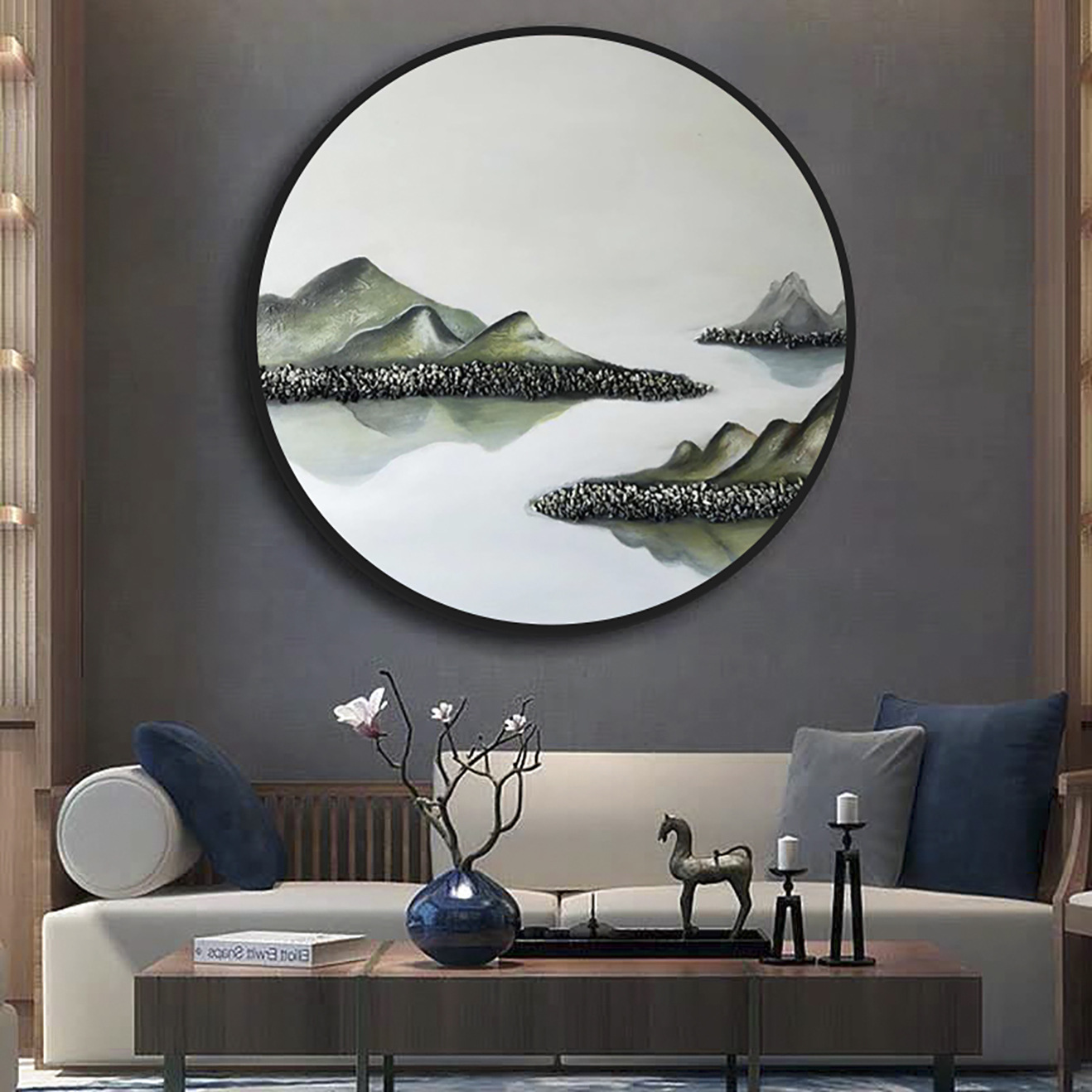 高端新中式立体塑形纯手绘玄关圆形装饰画卧室客厅风水画过道挂画图片