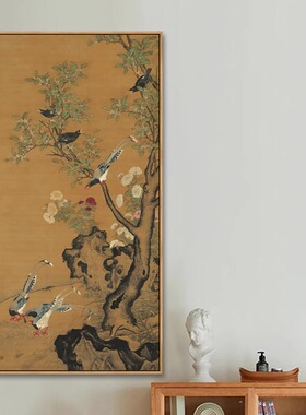 桂菊山禽图挂画新中式入户玄关画办公室国画客厅书房装饰画中国风