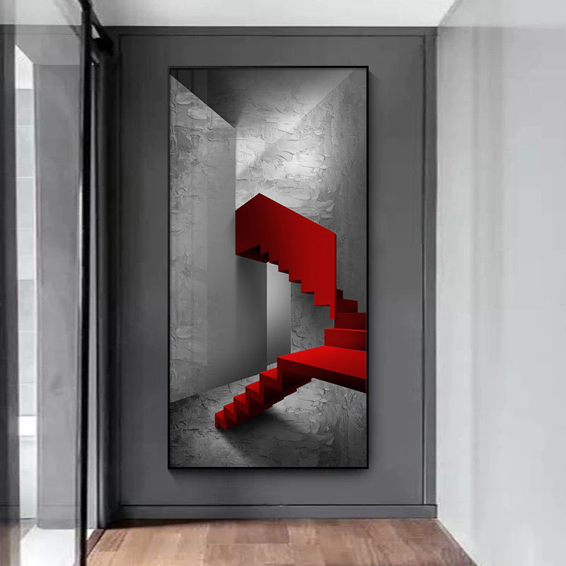 进门玄关画竖版楼梯过道挂画客厅装饰画北欧现代简约红色建筑壁画图片