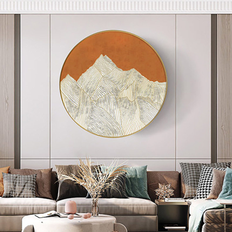 新中式禅意书房画抽象线条晶瓷画铝合金装饰画圆形画客厅过道挂画
