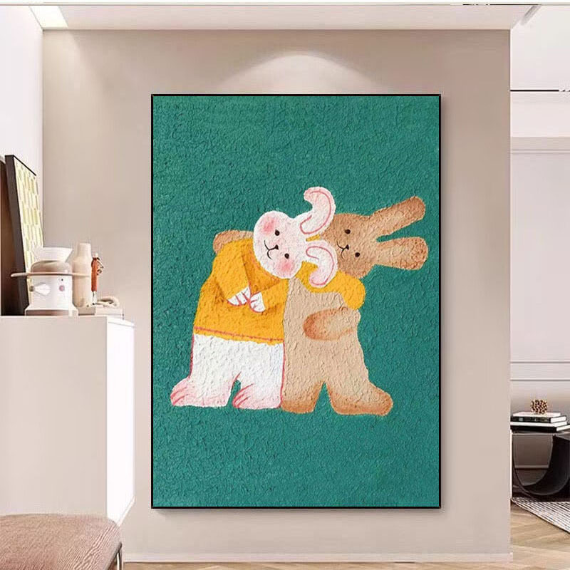 兔子儿童房装饰画纯手绘油画网红石英砂立体肌理走廊过道绿色挂画