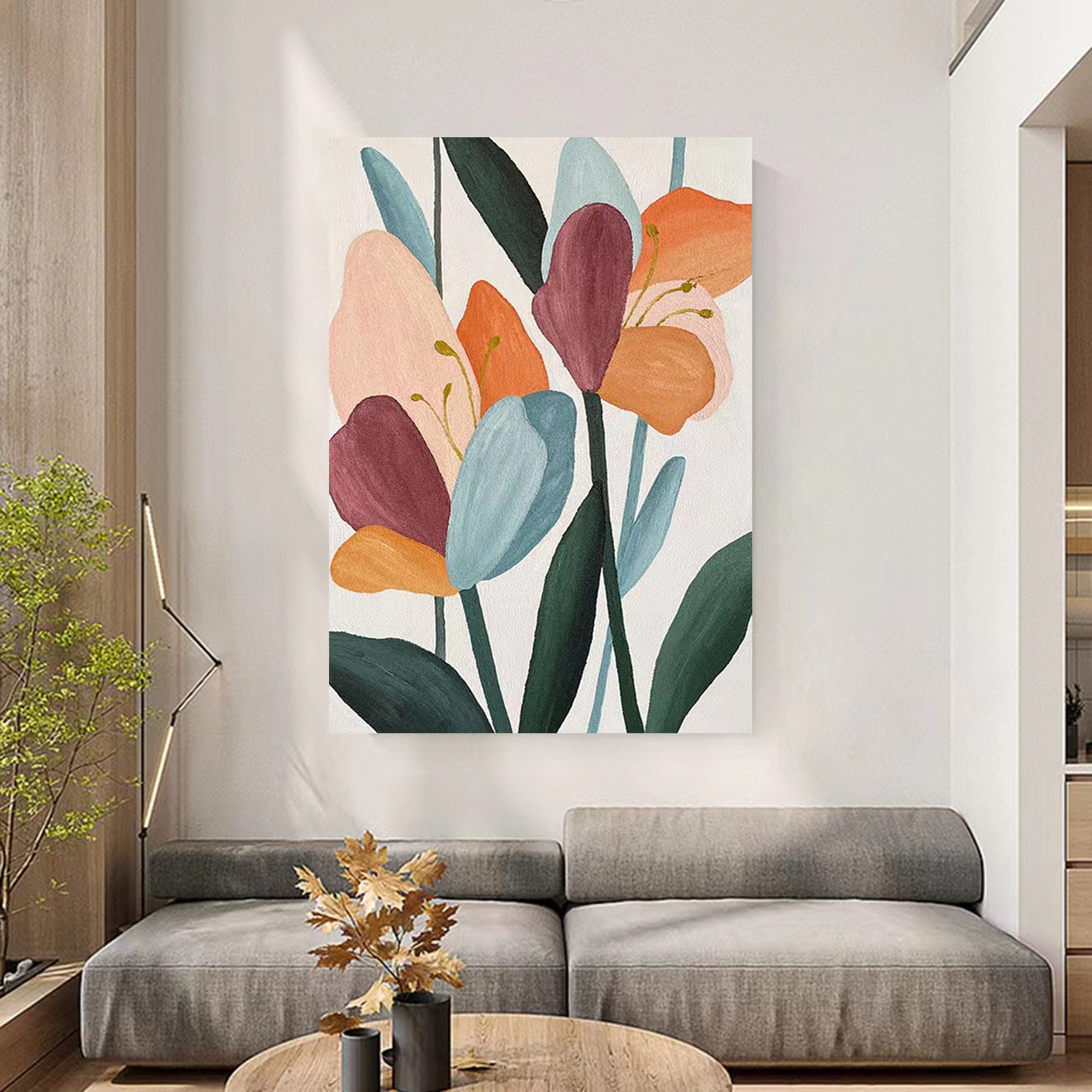 侘寂风手绘油画抽象花卉客厅沙发背景墙装饰画玄关壁画过道装置画