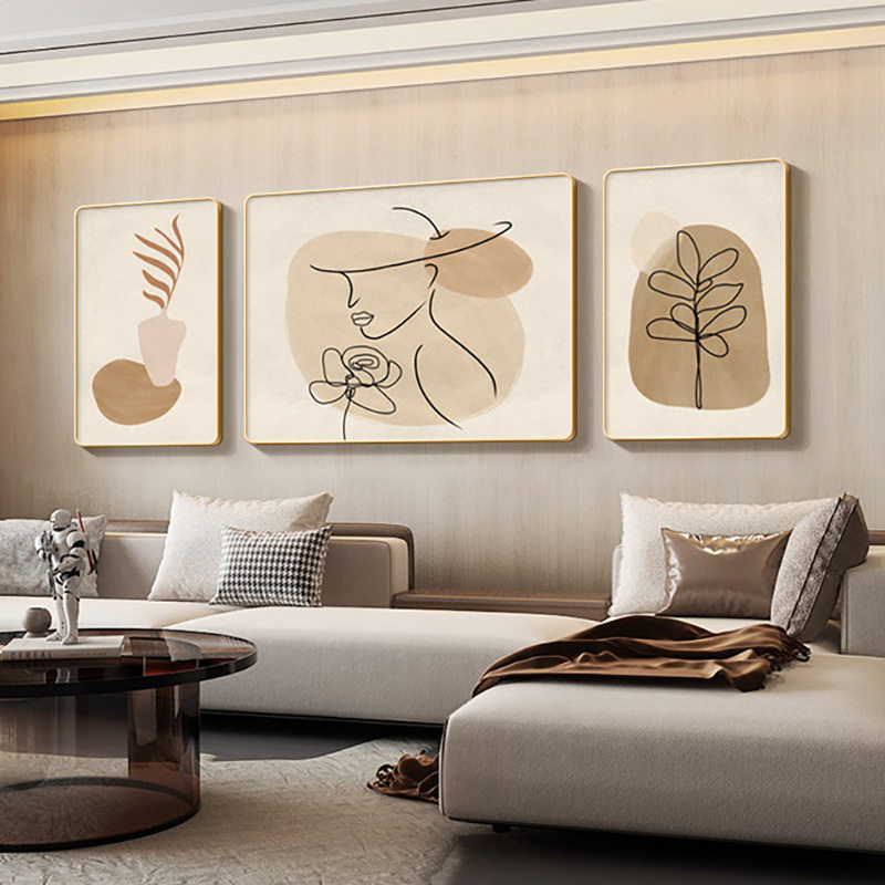 奶油风客厅沙发背景墙装饰画高级感原木风挂画现代简约抽象三联画