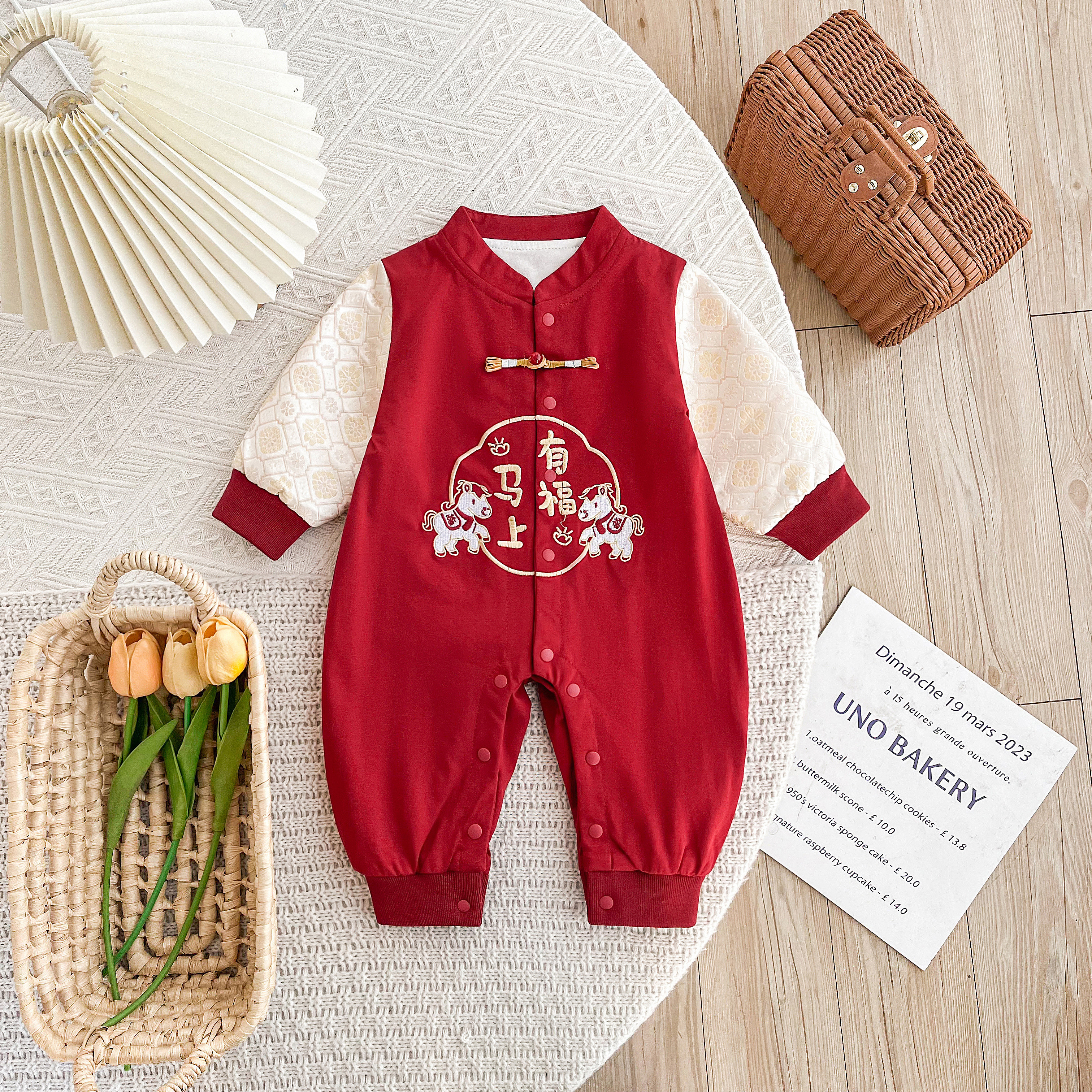 中国风婴儿连体衣男宝宝春秋衣服红色周岁礼服满月百日马年拜年服
