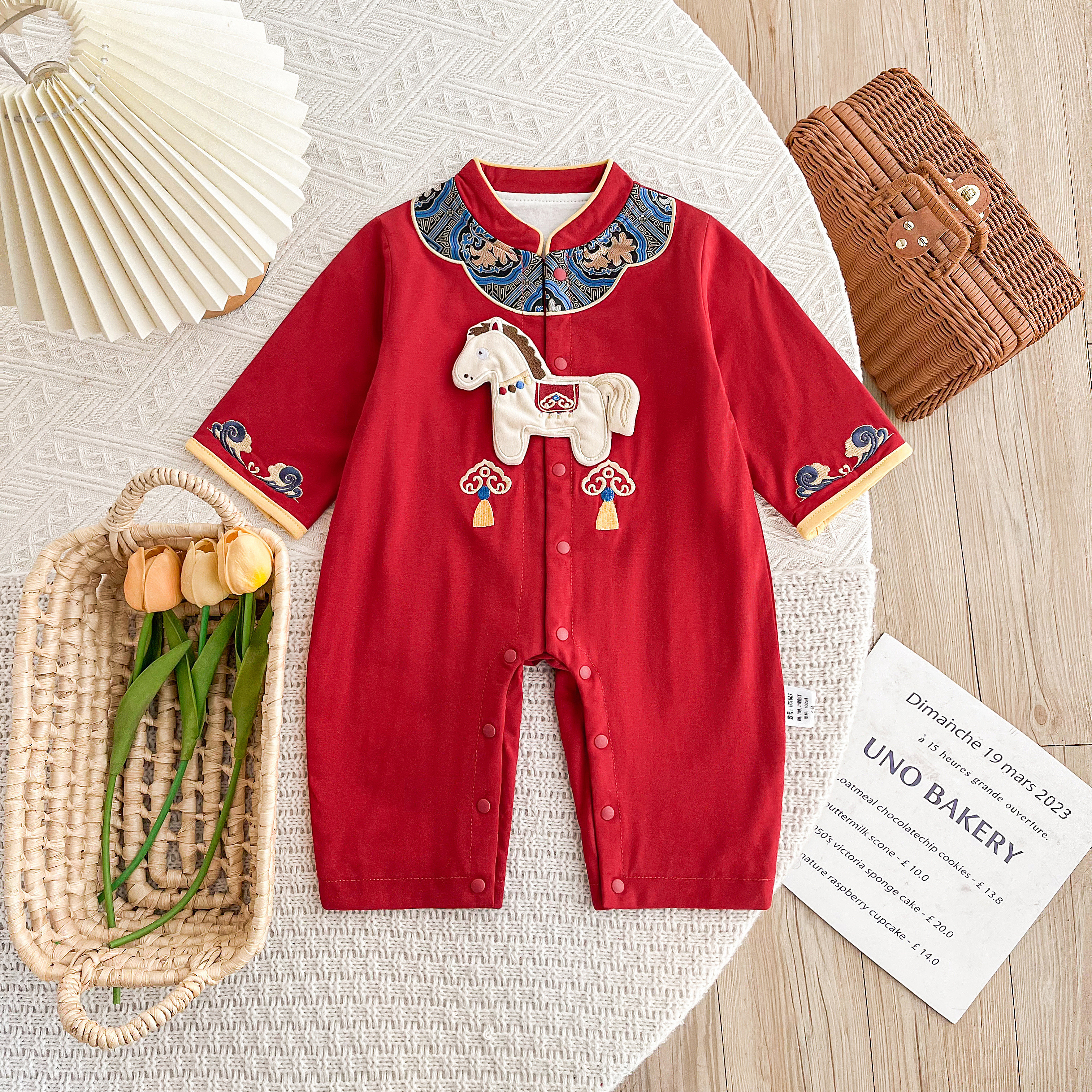 婴儿红色连体衣春秋款衣服满月百天周岁礼服纯棉男宝宝马年拜年服