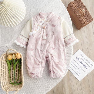 国风婴儿衣服初冬装女宝宝新中式加绒连体衣深秋满月百天哈衣爬服