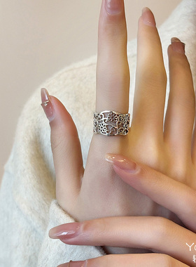 Yooper纯银复古镂空花戒指女925银小众轻奢国风百搭开口春夏指环