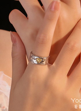 Yooper纯银金色爱心做旧戒指男女925银轻奢日韩冷淡小众复古可调