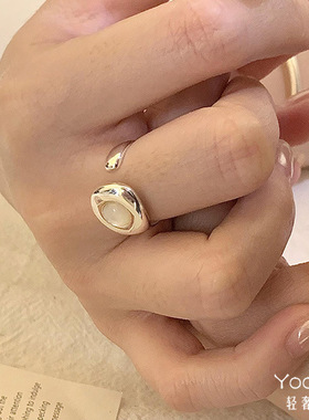 Yooper纯银不规则金属猫眼石贝壳开口戒指女s925轻奢复古简约指环