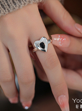 Yooper纯银黑玛瑙玉髓爱心戒指女S925银重工个性复古开口食指戒