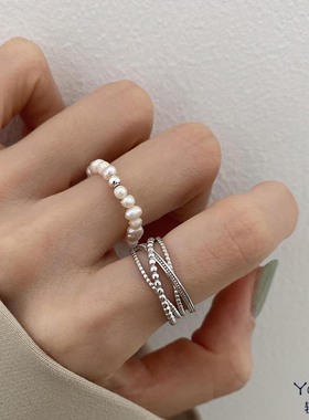 Yooper纯银珍珠银珠链条带钻韩国戒指女s925银复古冷淡清新风指环