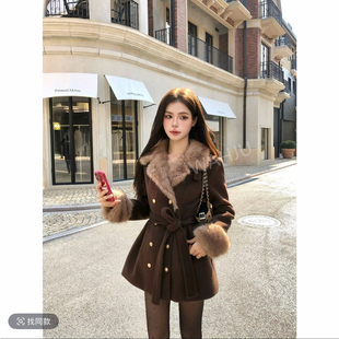 画解WAHJU古着秀场千金氛围感系带收腰双排扣毛呢外套0038W