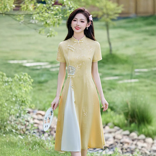 黄色送考新中式旗袍微胖显瘦改良年轻款2026新款女国连衣裙夏季