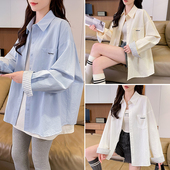 子拼色格子长袖 衬衫 宽松中排扣长款 翻领口袋刺绣袖 休闲上衣开衫