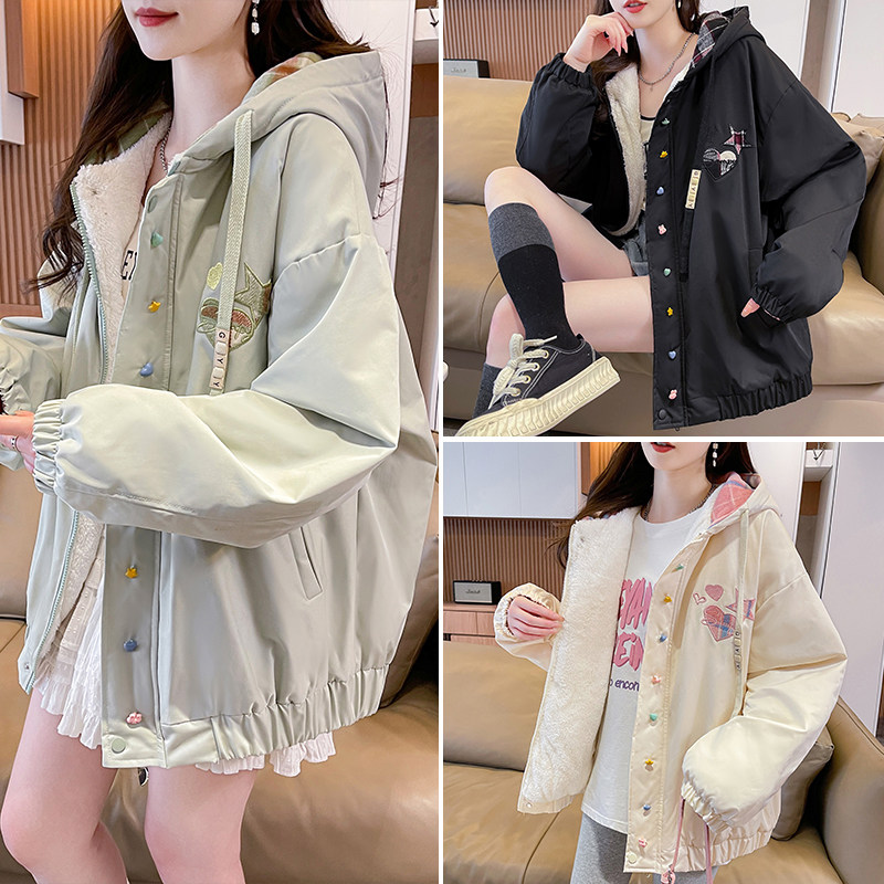 拼色格子加厚棒球服外套女冬季学院风夹克新款初高中学生大童上衣