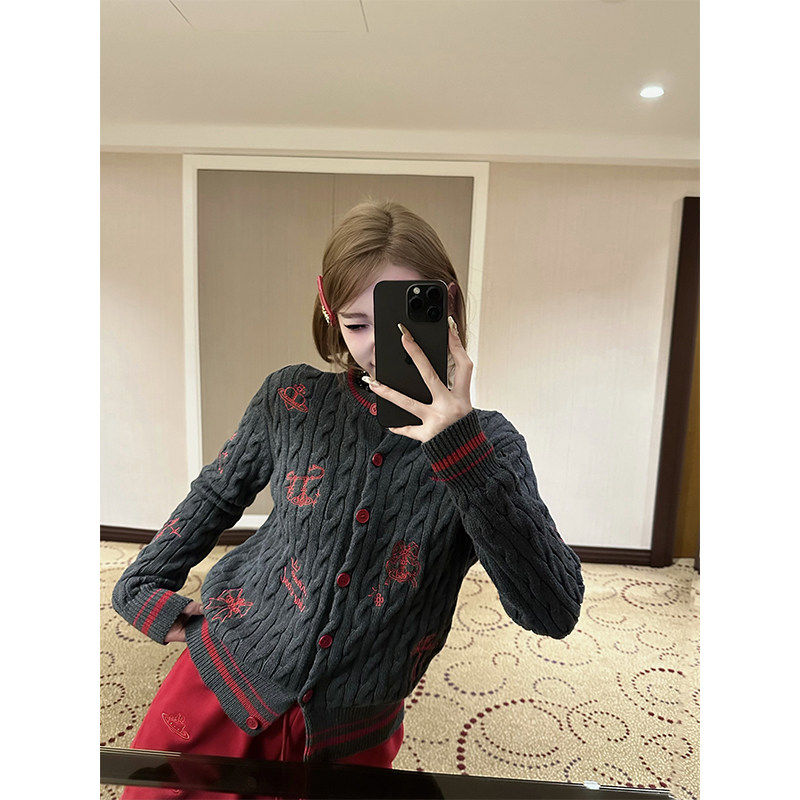 FuunJ 稚气美高 复古慵懒刺绣麻花开衫毛衣外套女内搭针织上衣,个性定制/设计服务/DIY,棉服工装,淘宝优惠券,粉丝福利购,淘宝优惠卷