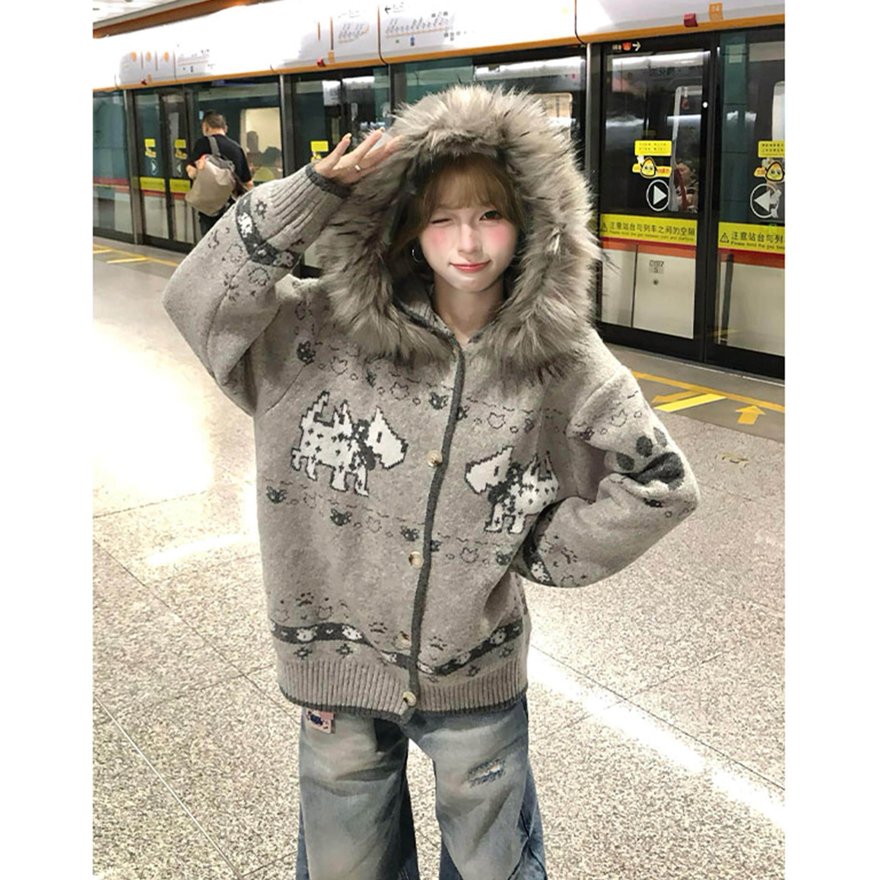 大码美式复古毛领提花连帽针织开衫费尔岛小狗毛衣女冬季新款外套,个性定制/设计服务/DIY,棉服工装,淘宝优惠券,粉丝福利购,淘宝优惠卷