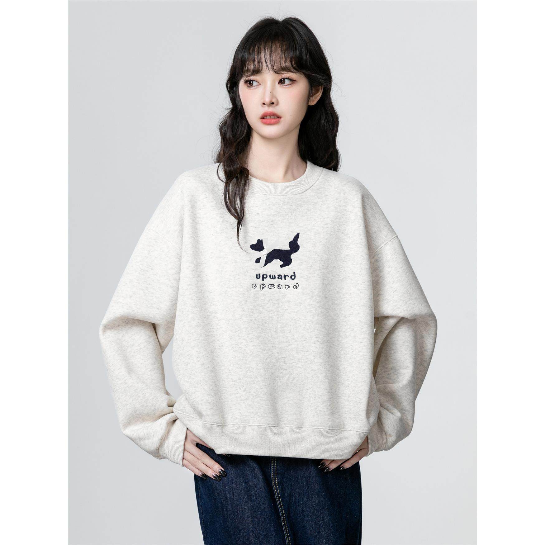 灰色圆领长袖卫衣女2025春秋季新款韩系百搭休闲宽松无帽套头上衣