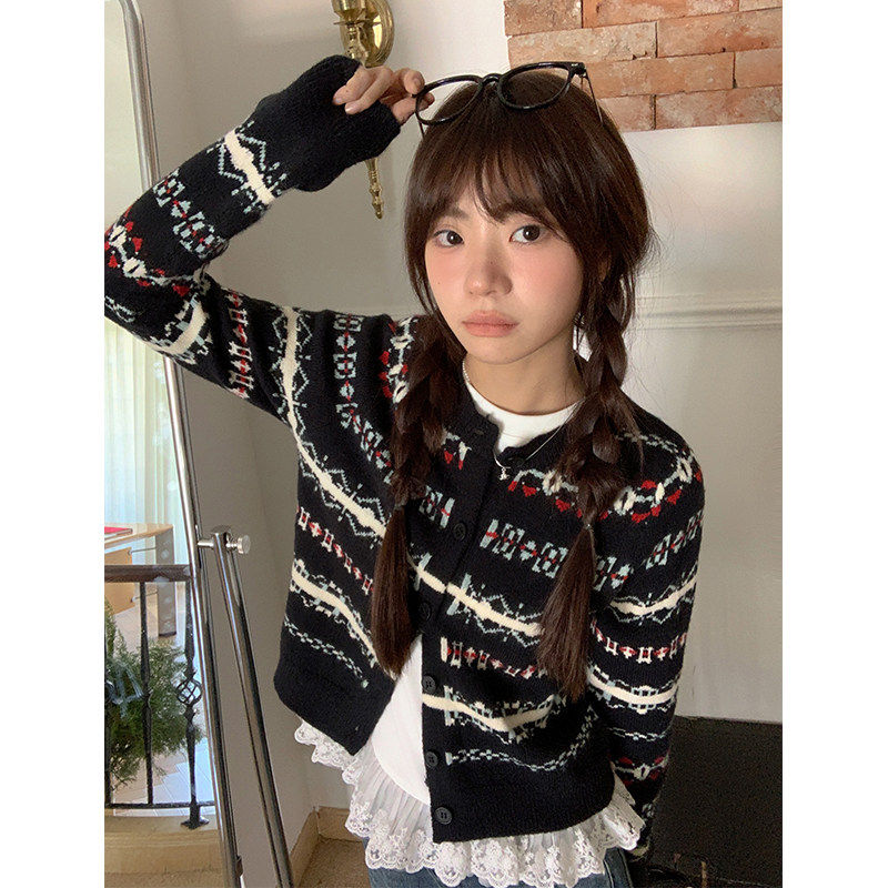 黑色费尔岛穿搭氛围感长袖针织女2025春季新款高级感提花开 衫外,个性定制/设计服务/DIY,棉服工装,淘宝优惠券,粉丝福利购,淘宝优惠卷