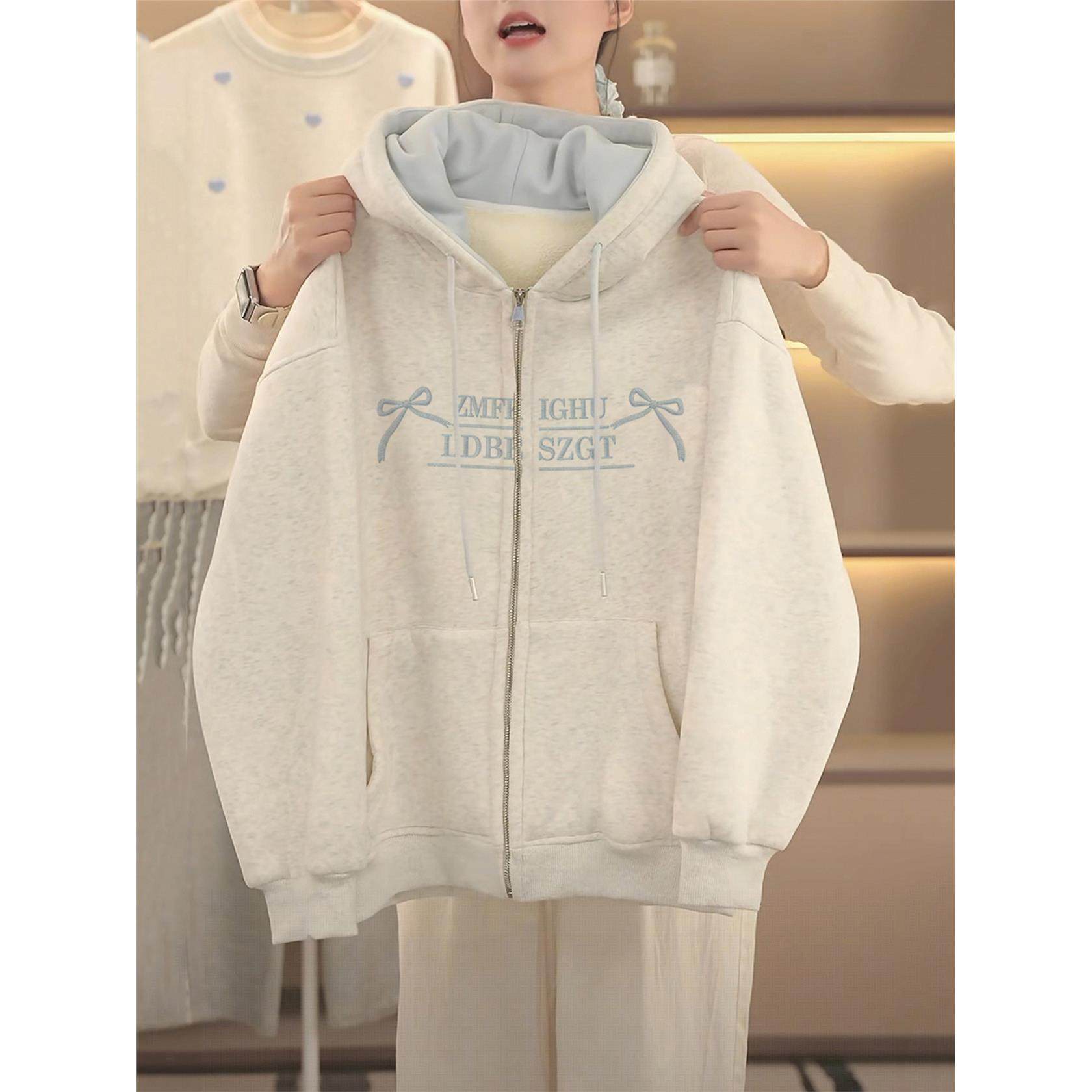 蝴蝶结刺绣连帽外套女秋冬季2025新款加绒加厚宽松慵懒风开衫卫衣,个性定制/设计服务/DIY,棉服工装,淘宝优惠券,粉丝福利购,淘宝优惠卷