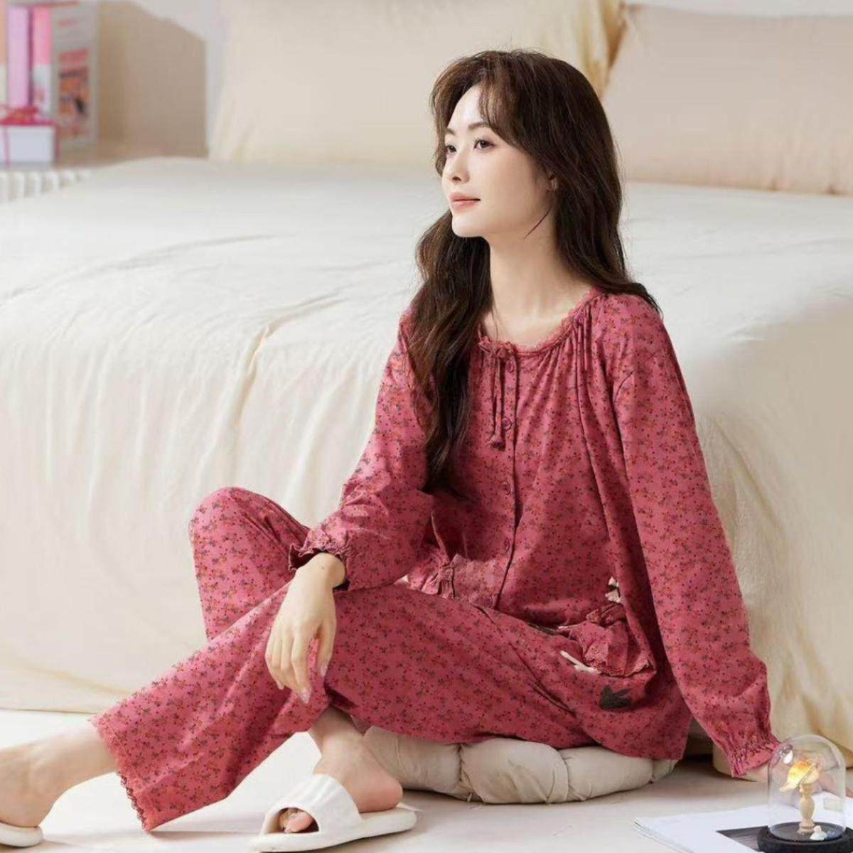 纯棉长袖长裤田园风碎花睡衣女春秋新款全棉家居服套装可外穿