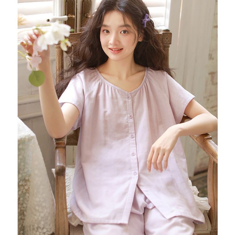 薄款纯棉纱布睡衣女士春夏新款紫色圆领开衫短袖七分裤家居服套装