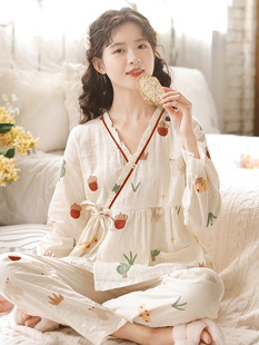 100%纯棉睡衣春秋吸汗和服睡衣女士透气长袖 月子服家居服套装
