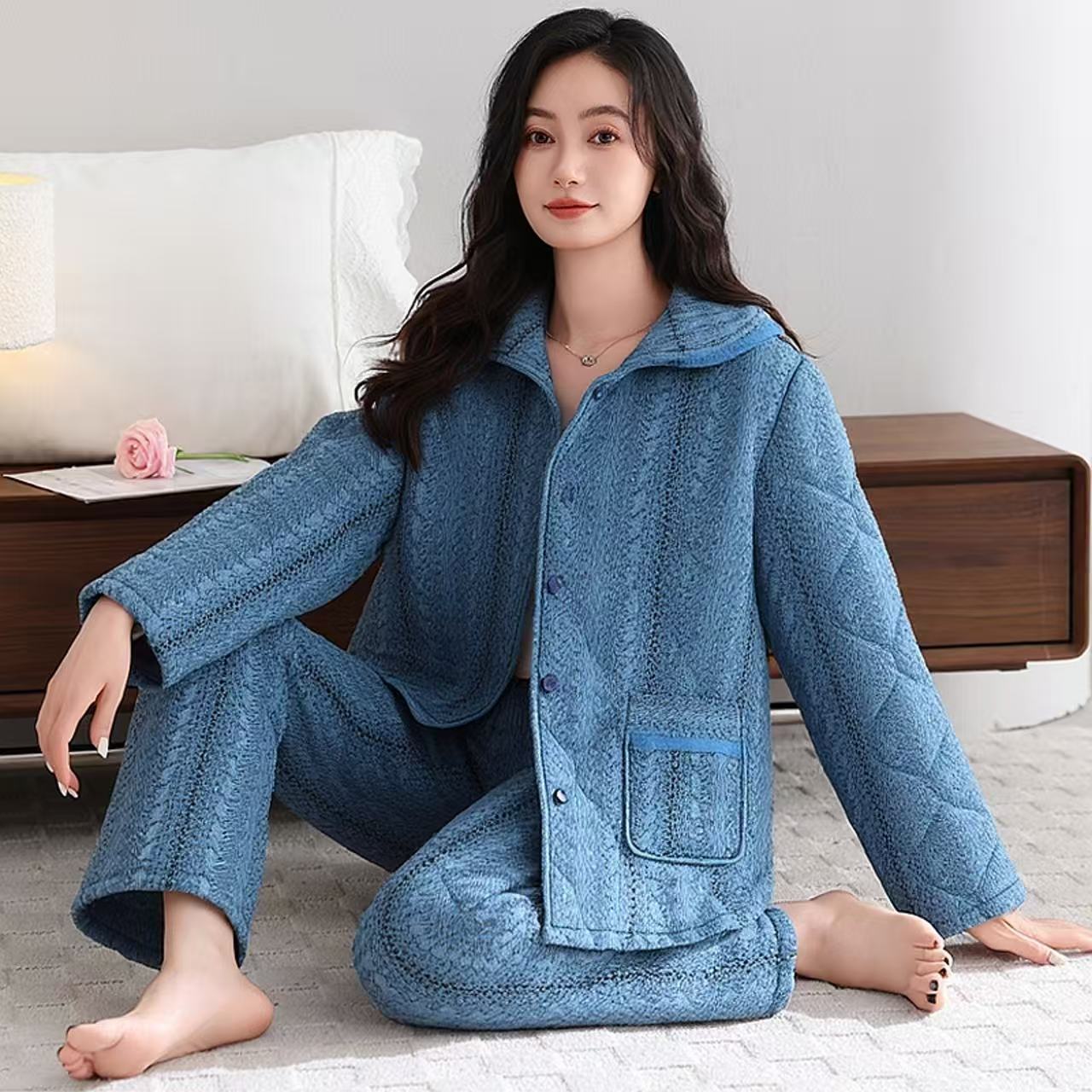 保暖加绒加厚夹棉袄秋冬蓝色翻领开衫睡衣女冬天简约高级感家居服