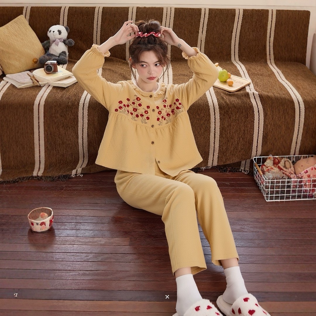 睡衣女士秋冬新款三层加厚夹棉日系甜美长袖开衫保暖家居服可外穿