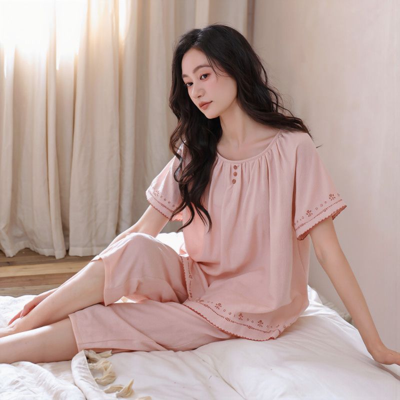 睡衣女士夏季新款韩版粉色甜美带胸垫纯棉可外穿短袖七分裤家居服图片