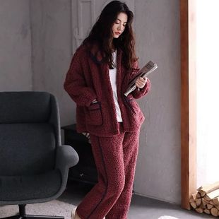 家居服套装 冬天开衫 保暖珊瑚绒羊羔绒新款 睡衣女士加绒加厚秋冬季