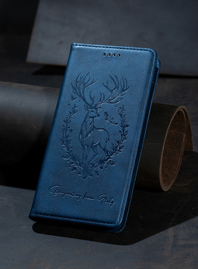 适用苹果16promax翻盖保护皮套革iphone15幸运麋鹿压印图案插卡14Plus掀盖手机壳13电话时尚12翻转78红黑蓝色