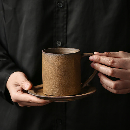 粗陶复古咖啡杯碟带勺