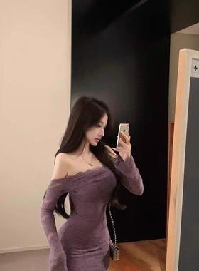 舞夜ds酒吧演出服gogo紫色一字肩蕾丝连衣裙女春季内搭纯欲气质修