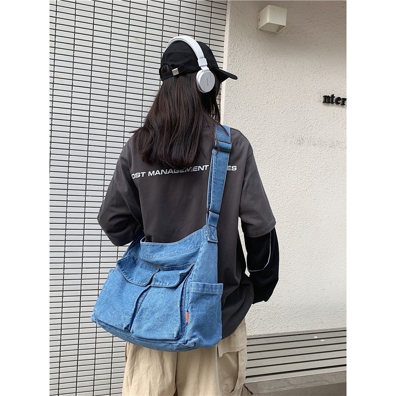 帆布包斜挎包女2025新款大容量单肩包休闲牛仔日系文艺学生上课包