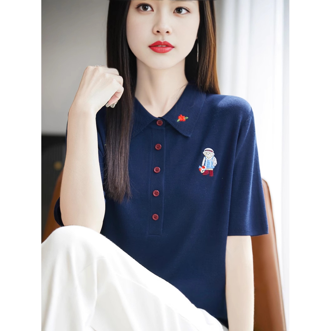 欧货高品质polo领学院风减龄小熊刺绣天丝薄款短袖针织衫女2025夏