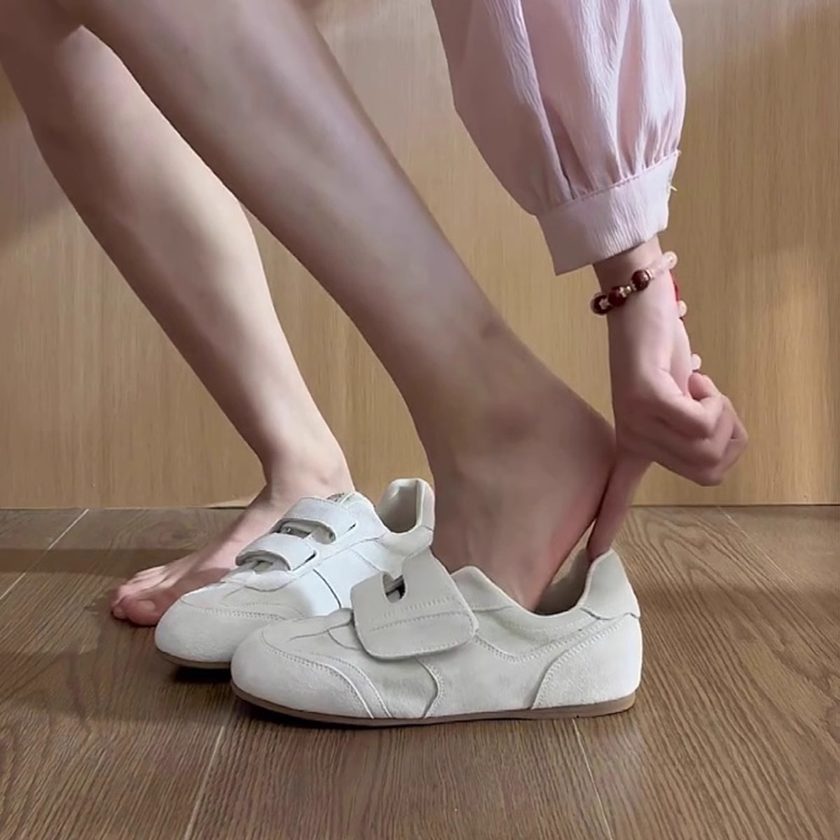 牛皮版~复古德训鞋女新款单鞋圆头平底板鞋魔术贴休闲运动鞋子女