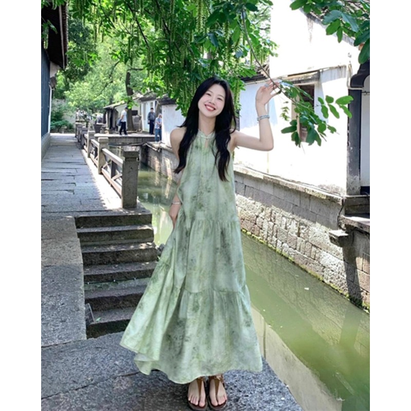 大码新中式无袖挂脖连衣裙女装夏季海边度假风沙滩裙胖MM显瘦裙子