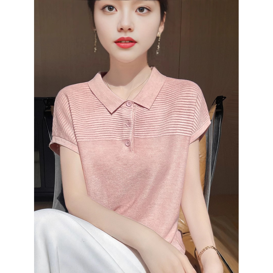 冰丝针织短袖t恤女短款2025新款翻领POLO衫洋气打底衫大码上衣女
