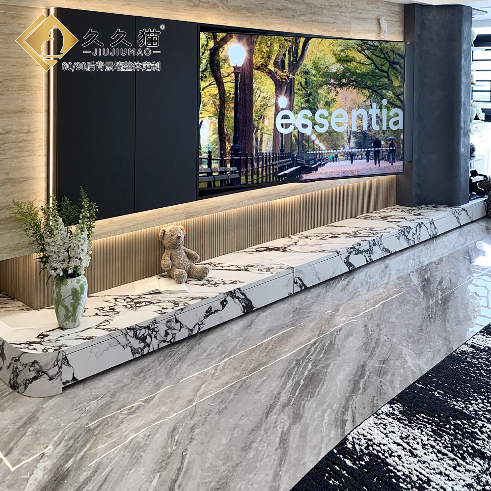 奢石奶油白岩板电视柜黑白石纹地柜大理石地台轻奢款客厅石材定制