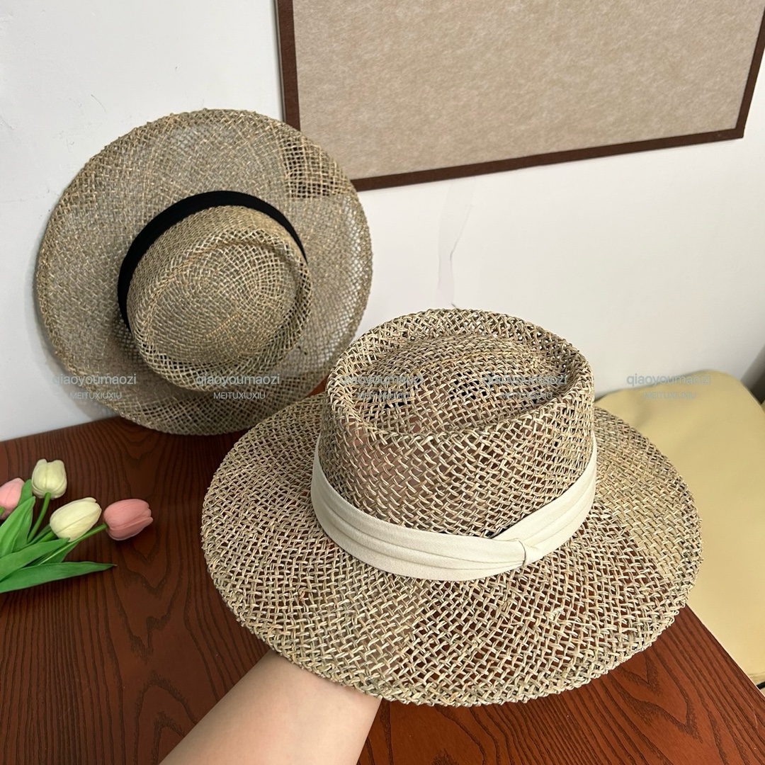帽子女春夏平沿法式绑带草帽网红百搭时尚咸草编织沙滩度假礼帽潮