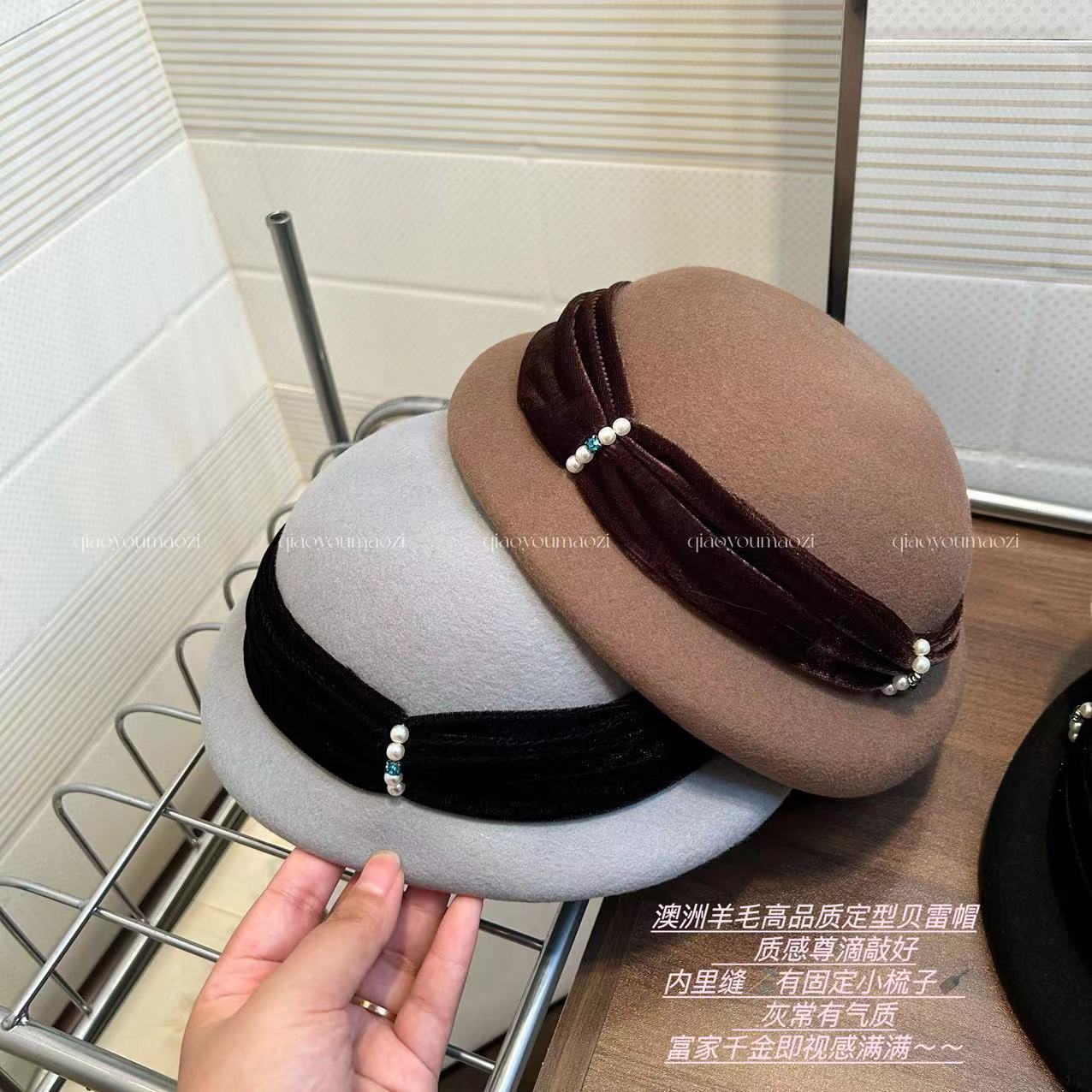 秋冬日本款打邹丝绒珍珠钻扣装饰女画家帽贝蕾帽时装帽子日搭头饰