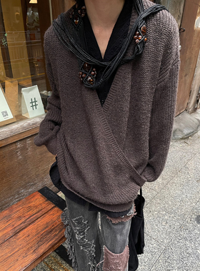 以休眠 早秋设计感复古小众针织交襟垂感长袖叠穿毛衣针织衫