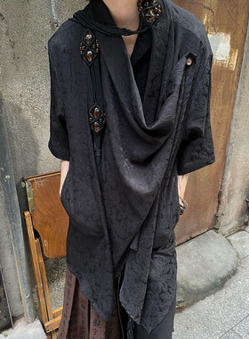 以休眠 复古山本耀司风花卉刺绣不规则下摆设计道袍短袖衬衫外套