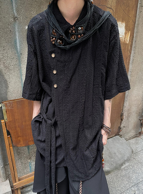 以休眠 复古小众不规则提花镂空肌理感新中式绑带设计短袖衬衫