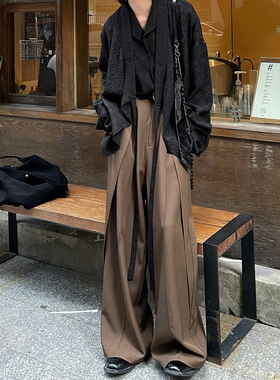 以休眠 复古日系垂坠感抽褶小众拼接设计感阔腿裤拖地堆叠西裤