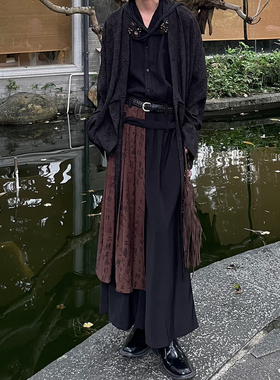 以休眠 复古新中式书法裁片拼接山本耀司风阔腿裙裤小众设计西裤